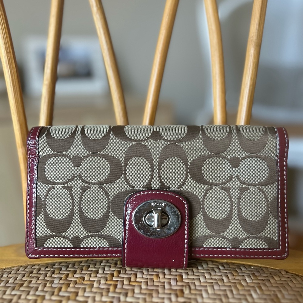 Coach Brown and Red Wallet with Signature Design